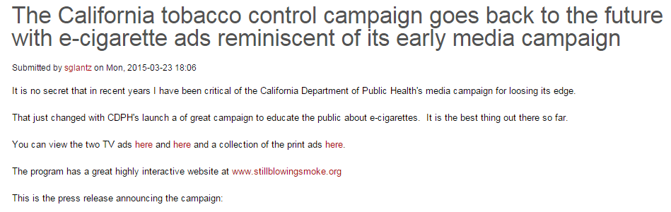 Screenshot of Stanton Glantz’s blog post