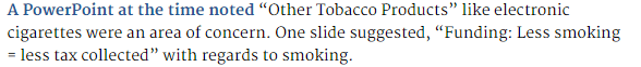 Image of document excerpt claiming that ecigs are undermining tax revenue