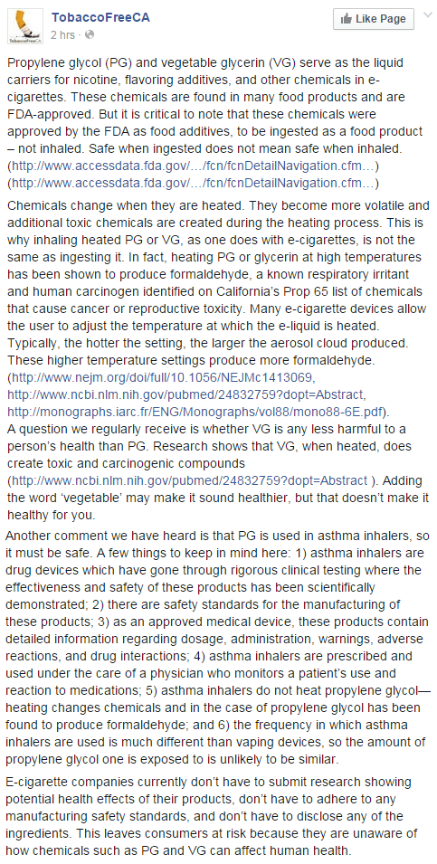 Tobacco Free CA Facebook post on PG & VG