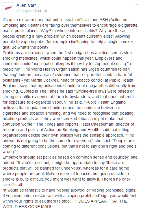 Facebook post dismissing the encouragement of vaping