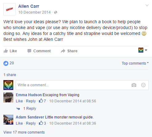 Facebook post referencing a new book for stopping all nicotine use